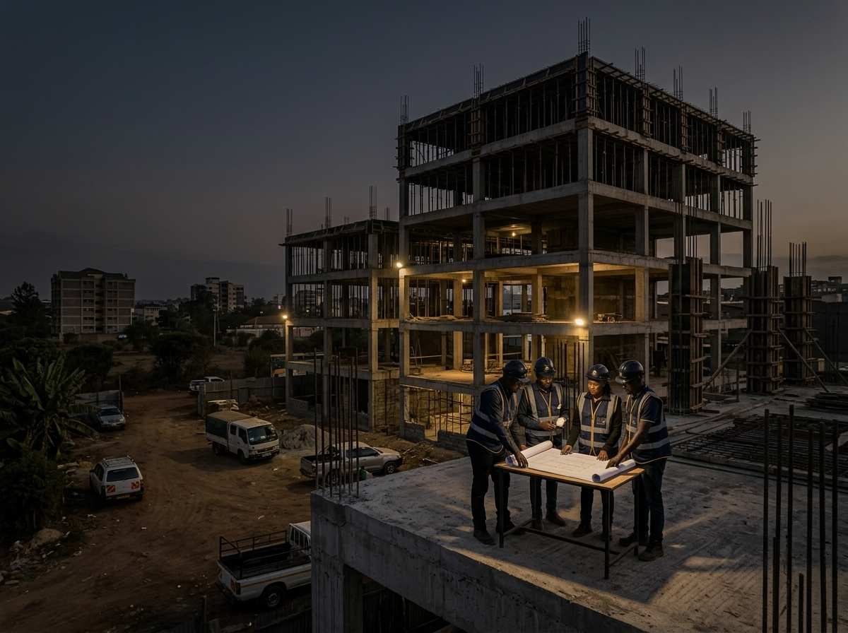 Makao Mapya Builders team reviewing blueprints on a high-rise construction site at twilight