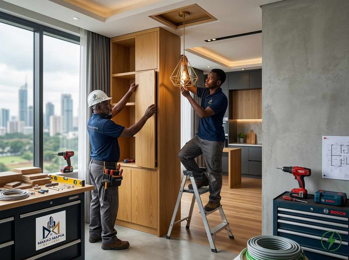 Interior carpentry installation in progress for a Ruaka town cafe fit-out by Makao Mapya Builders interior design team