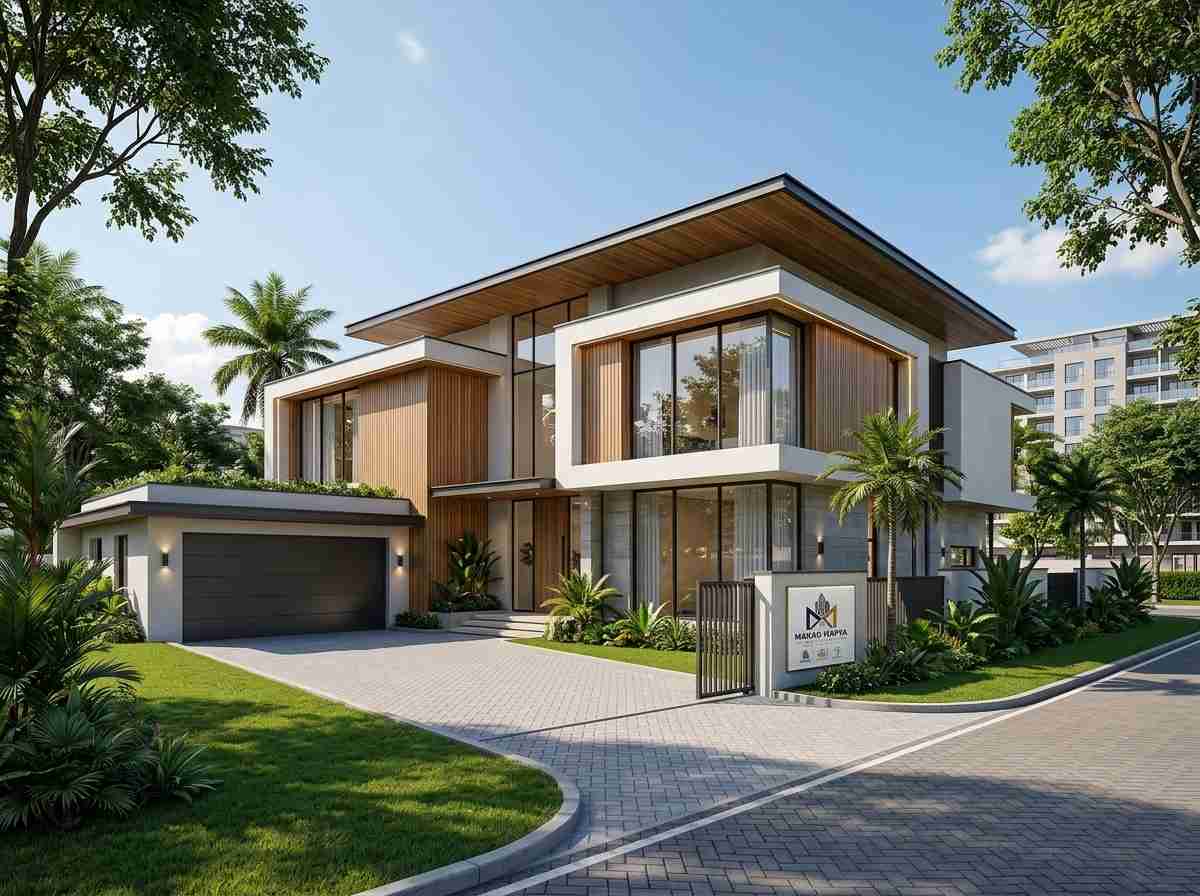 Completed modern family villa exterior with clean lines and a wrap-around veranda, built by Makao Mapya Builders in Karen, Nairobi