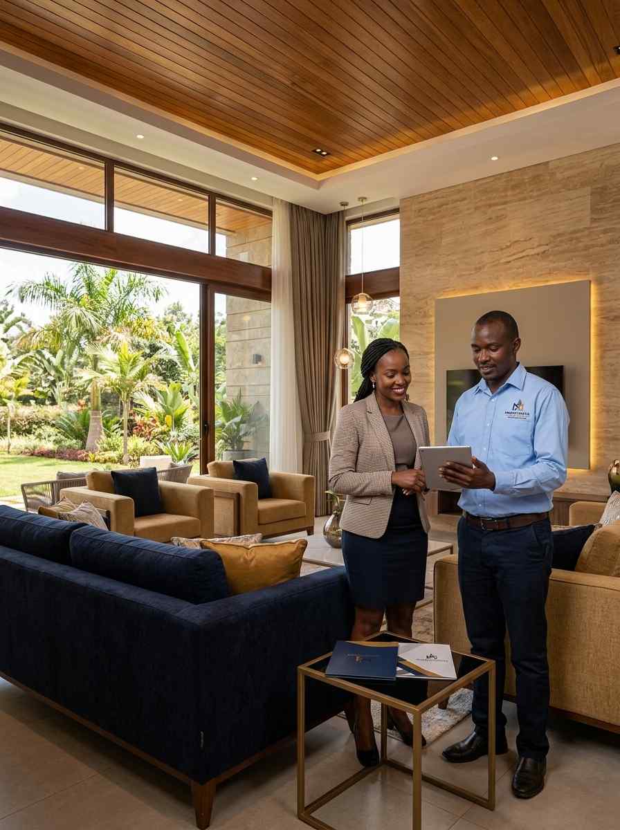 Finished penthouse living room fit-out with warm timber ceiling and curated furnishings by Makao Mapya Builders interior team in Kilimani